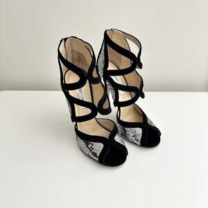NEW JIMMY CHOO Tempest Black Suede Silver Sequin Cutout Heels Sandals Size 38